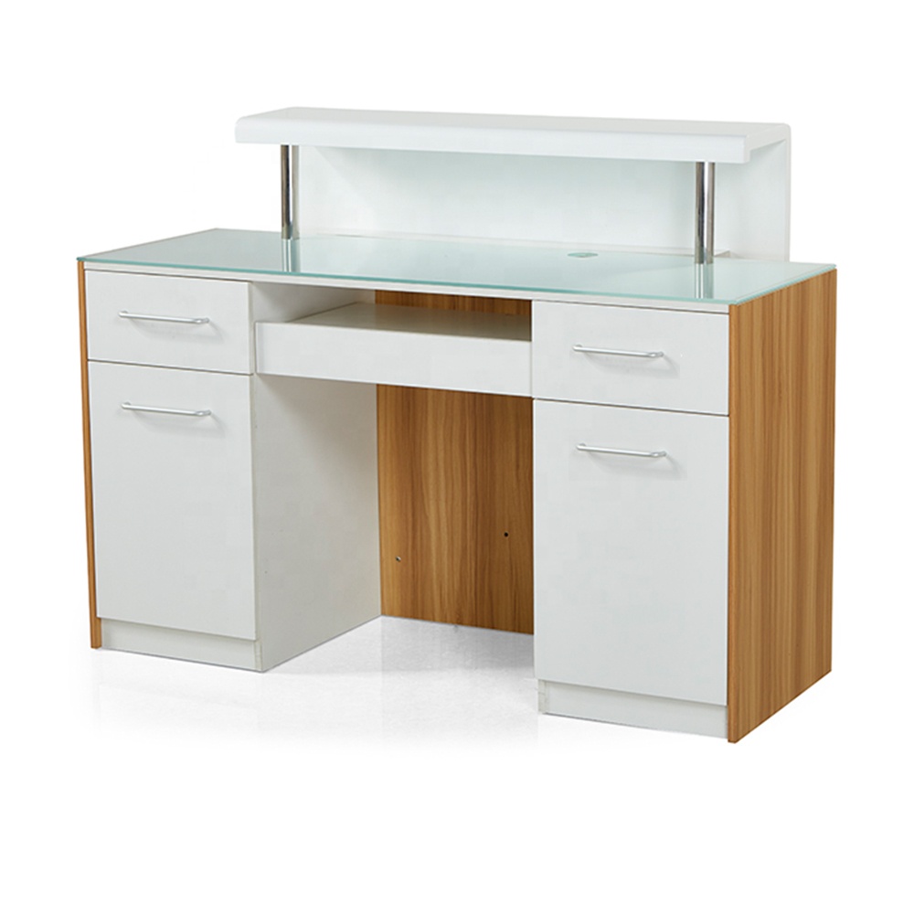 Kangmei, muebles de salón de belleza de lujo modernos, mesa de mostrador de recepción delantera pequeña blanca de alto brillo de madera